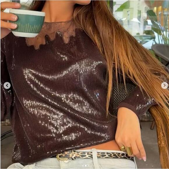 Zara Chocolate Sequin Lace Trimmed Top size M - Blogger Fav - Picture 6 of 7